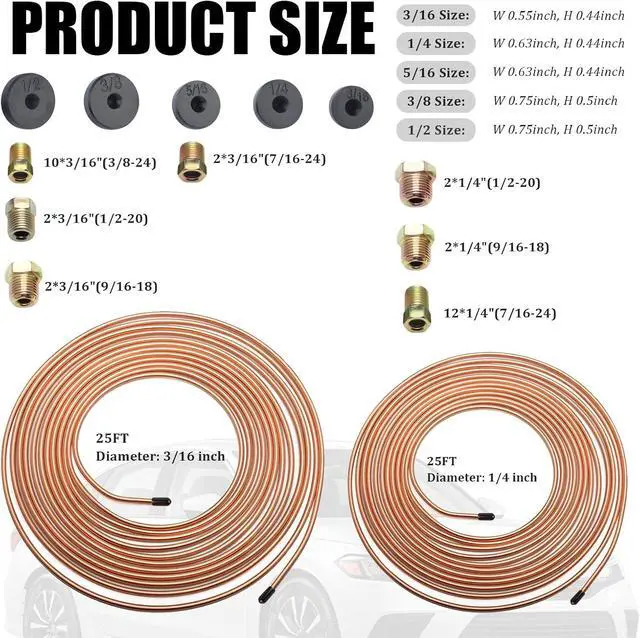 Alt view image 3 of 7 - 25Ft 1/4" and 3/16" Brake Line Kit,Single & Double Brake Line Flaring Tool Kit with 32 Inverted Fittings and Brakes Flare Tool Kits,Copper Plated Brakes Lines Repair Kits