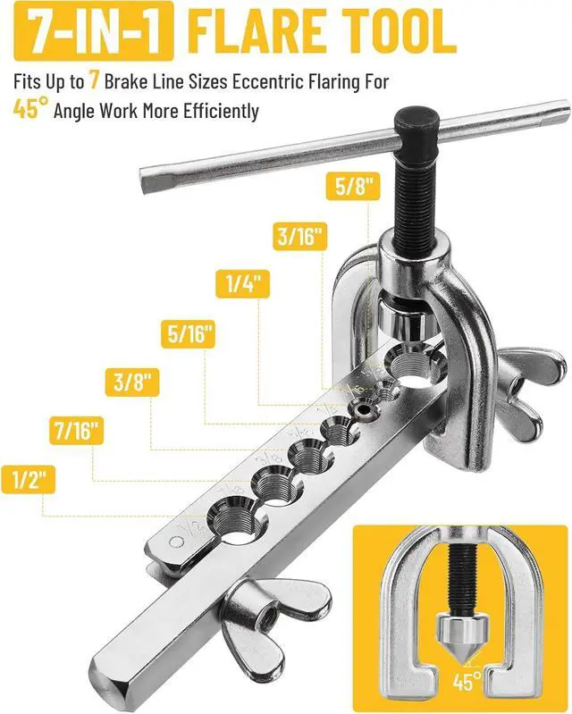 Alt view image 2 of 7 - 25 ft 3/16in Zinc-Plated Brake Line Flaring Tool Kit, Includes 3-in-1 Tube Bender, Double & Single Flaring Tool Set, 1 Tube Cutter, 2 Threads Unions, 20 Fittings