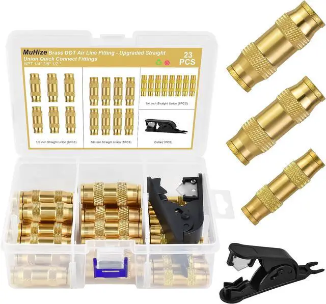 Main image of 23PCS Brass DOT Air Line Fittings Kit Upgraded 1/4" 3/8" 1/2" Push to Connect Union Kit with Straight Adapters, Hose Repair Valve for Truck Trailer Air Brake Systems
