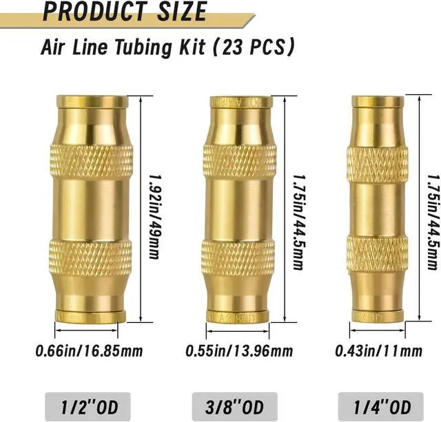 Alt view image 2 of 7 - 23PCS Brass DOT Air Line Fittings Kit Upgraded 1/4" 3/8" 1/2" Push to Connect Union Kit with Straight Adapters, Hose Repair Valve for Truck Trailer Air Brake Systems