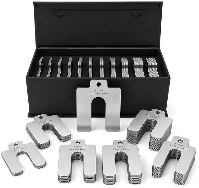 Main image of 304 Stainless Steel Shim Kit,100 PCS 2" x 2" Slotted Shims Assortment, 10 Thicknesses for Machine Leveling, Motor Alignment & Equipment Adjustment, Laser-Marked Sizes with Storage Case