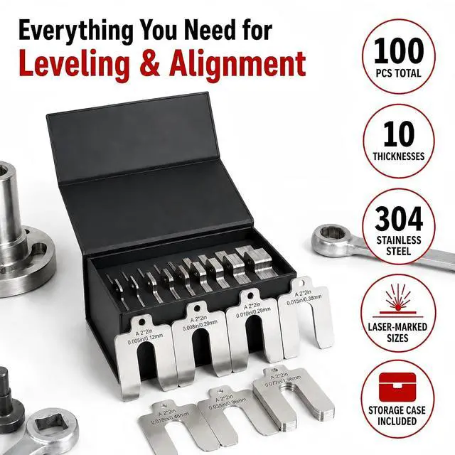Alt view image 2 of 7 - 304 Stainless Steel Shim Kit,100 PCS 2" x 2" Slotted Shims Assortment, 10 Thicknesses for Machine Leveling, Motor Alignment & Equipment Adjustment, Laser-Marked Sizes with Storage Case