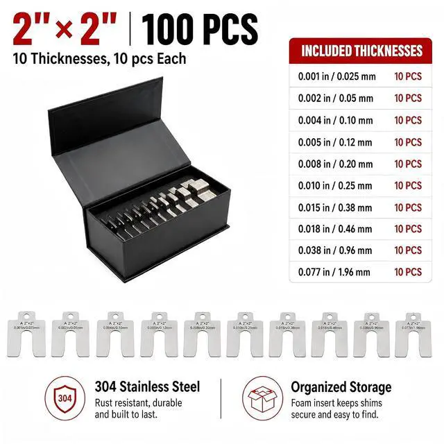 Alt view image 3 of 7 - 304 Stainless Steel Shim Kit,100 PCS 2" x 2" Slotted Shims Assortment, 10 Thicknesses for Machine Leveling, Motor Alignment & Equipment Adjustment, Laser-Marked Sizes with Storage Case