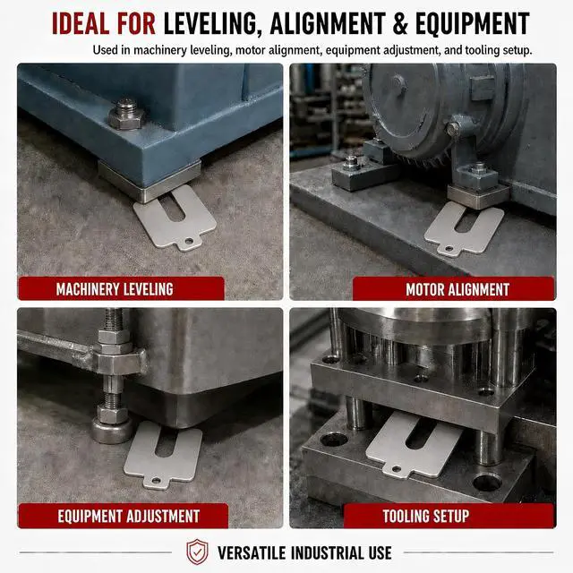 Alt view image 7 of 7 - 304 Stainless Steel Shim Kit,100 PCS 2" x 2" Slotted Shims Assortment, 10 Thicknesses for Machine Leveling, Motor Alignment & Equipment Adjustment, Laser-Marked Sizes with Storage Case