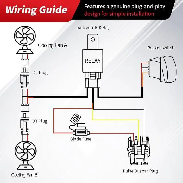 Alt view image 2 of 7 - UTV Cooling Fans Wiring Harness with Plug & Play Pulse Busbar Connector DT Plug Fit Polaris Ranger RZR General, 16AWG 2 Lead Rocker On Off Switch