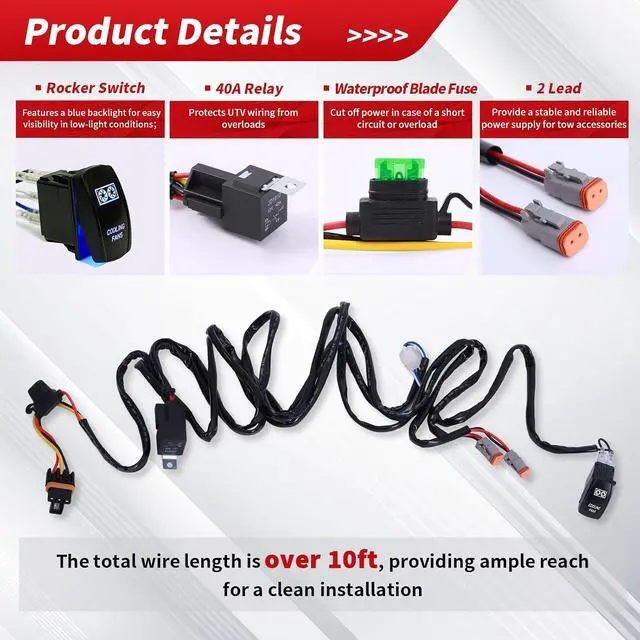 Alt view image 4 of 7 - UTV Cooling Fans Wiring Harness with Plug & Play Pulse Busbar Connector DT Plug Fit Polaris Ranger RZR General, 16AWG 2 Lead Rocker On Off Switch