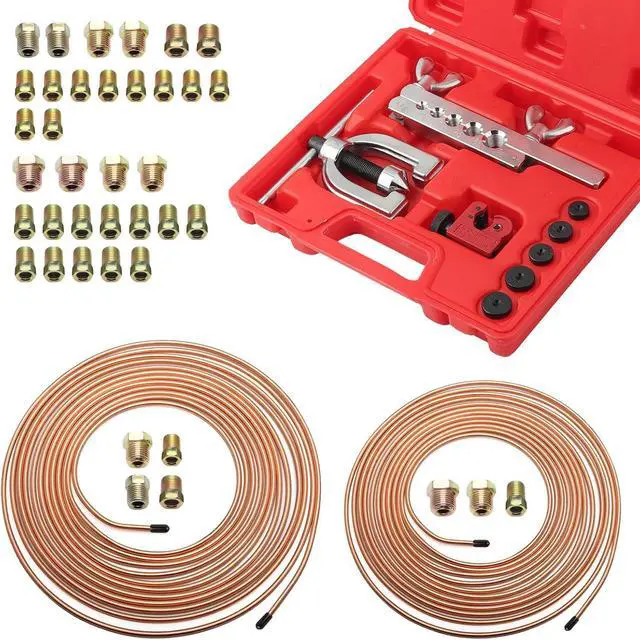 Main image of 25Ft 1/4" and 3/16" Brake Line Kit,Single & Double Brake Line Flaring Tool Kit with 32 Inverted Fittings and Brakes Flare Tool Kits,Copper Plated Brakes Lines Repair Kits