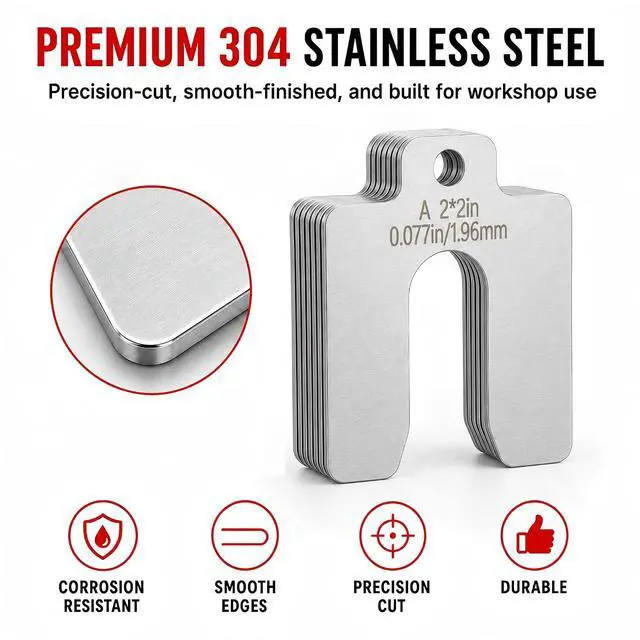 Alt view image 5 of 7 - 304 Stainless Steel Shim Kit,100 PCS 2" x 2" Slotted Shims Assortment, 10 Thicknesses for Machine Leveling, Motor Alignment & Equipment Adjustment, Laser-Marked Sizes with Storage Case