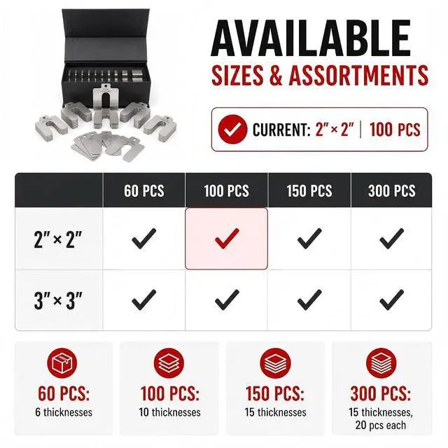 Alt view image 6 of 7 - 304 Stainless Steel Shim Kit,100 PCS 2" x 2" Slotted Shims Assortment, 10 Thicknesses for Machine Leveling, Motor Alignment & Equipment Adjustment, Laser-Marked Sizes with Storage Case