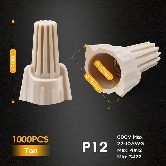 Alt view image 2 of 7 - 1000 pcs Tan Wire Nuts Connectors P12 22-10AWG Twist Wire Caps Electrical Wire Connectors, Winged Springs Screw Terminals Wire Nuts Assortment Kit for Wire Connection