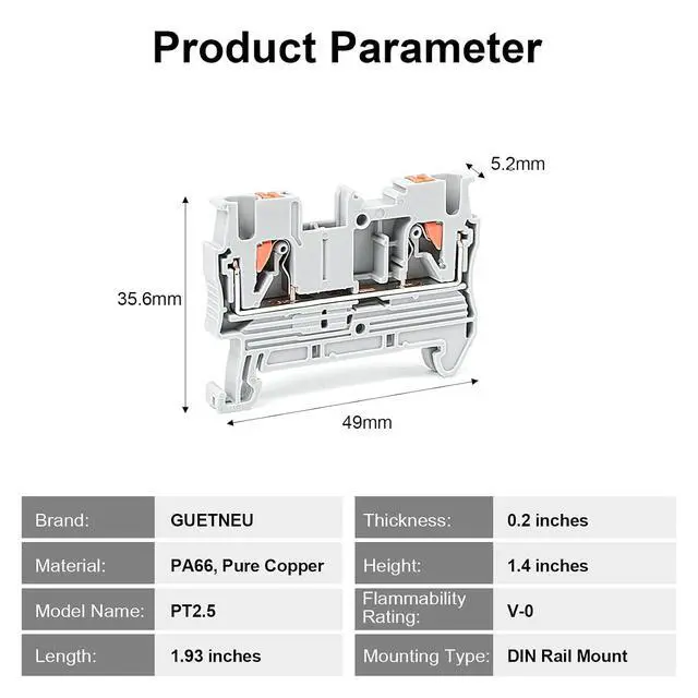 Alt view image 3 of 5 - 100Pcs PT2.5 Push-in Terminal Blocks, 2.5mm²Cable, DIN Rail Mounted Terminal Block, 800 V 32 A, Wire Spring Connection Push in Conductors Wire Connector, CE