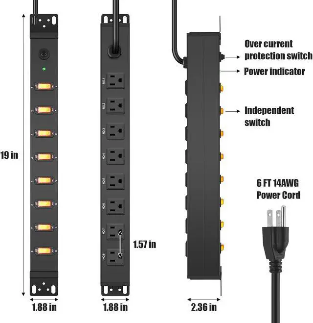 Alt view image 5 of 7 - 8 Outlet PDU Power Strip,1U Rack Surge Protection, 6FT,Black,1