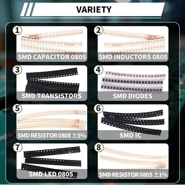 Alt view image 5 of 6 - 6390pcs SMD 0805 Resistor Capacitor LED Diode IC Transistor Inductor Diodes SMT Resistors Assortment Electronic Component Kit
