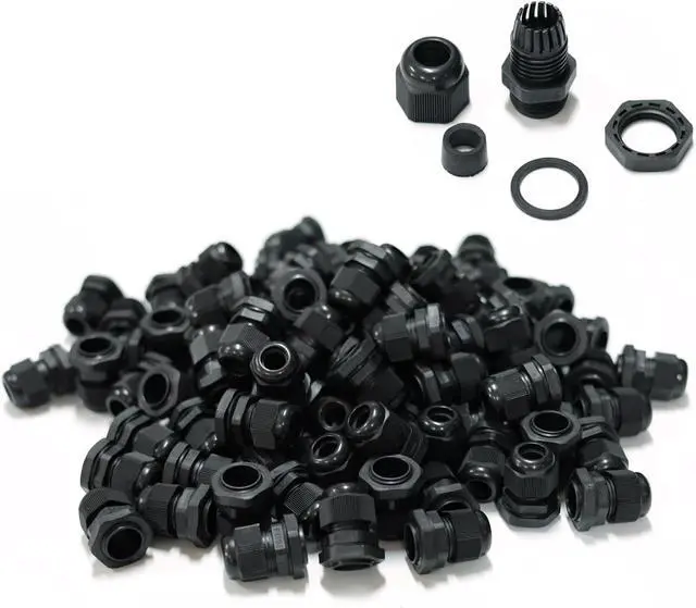 Main image of 100 pcs PG13.5 Waterproof Cable Gland Connector Black Adjustable IP68 M20 Plastic Cable Gland with Locknut Rubber Ring for 6-12mm Wire