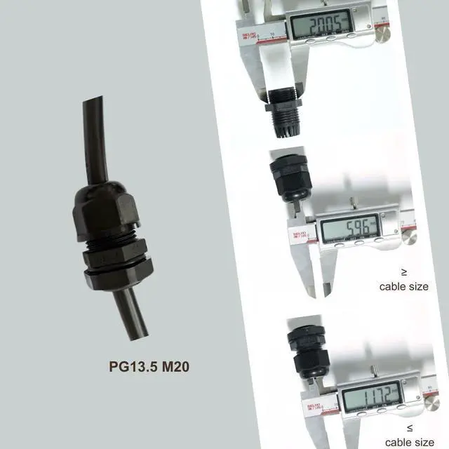 Alt view image 4 of 6 - 100 pcs PG13.5 Waterproof Cable Gland Connector Black Adjustable IP68 M20 Plastic Cable Gland with Locknut Rubber Ring for 6-12mm Wire