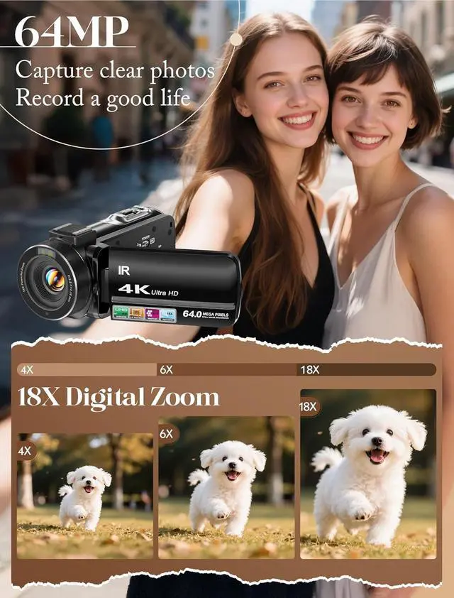 Alt view image 3 of 7 - 4K Video Camera Camcorder UHD 64MP Vlogging Camera for YouTube 18x Digital Zoom 3" 270° Rotation IPS Touchscreen Video Camcorder with Night Vision, Remote Control, 32GB Card, 2 Batteries
