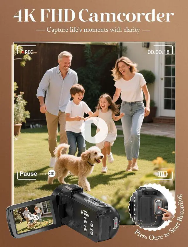 Alt view image 2 of 7 - 4K Video Camera Camcorder UHD 64MP Vlogging Camera for YouTube 18x Digital Zoom 3" 270° Rotation IPS Touchscreen Video Camcorder with Night Vision, Remote Control, 32GB Card, 2 Batteries