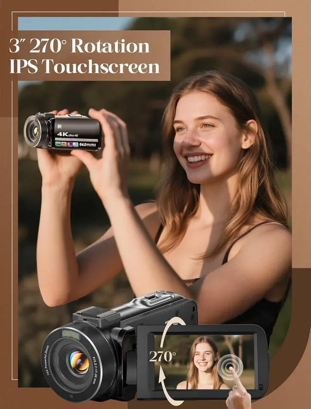 Alt view image 4 of 7 - 4K Video Camera Camcorder UHD 64MP Vlogging Camera for YouTube 18x Digital Zoom 3" 270° Rotation IPS Touchscreen Video Camcorder with Night Vision, Remote Control, 32GB Card, 2 Batteries