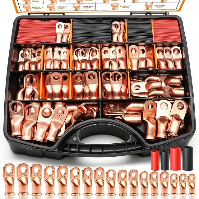 Main image of 230PCS Copper Wire Lugs AWG 1 2 4 6 8 1/0 2/0 Gauge Battery Terminal Connectors Battery Cable Ends Connectors Copper Ring Terminal Kit with 3:1 Heat Shrink Tubing
