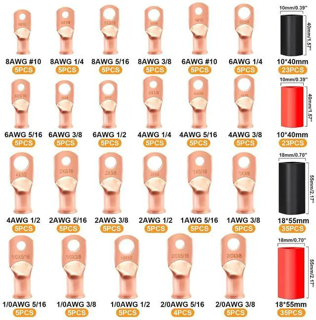 Alt view image 2 of 7 - 230PCS Copper Wire Lugs AWG 1 2 4 6 8 1/0 2/0 Gauge Battery Terminal Connectors Battery Cable Ends Connectors Copper Ring Terminal Kit with 3:1 Heat Shrink Tubing