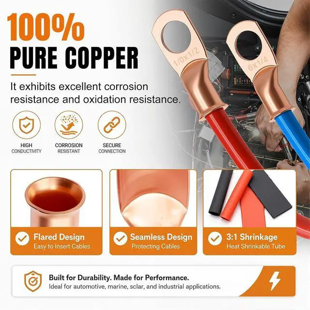 Alt view image 3 of 7 - 230PCS Copper Wire Lugs AWG 1 2 4 6 8 1/0 2/0 Gauge Battery Terminal Connectors Battery Cable Ends Connectors Copper Ring Terminal Kit with 3:1 Heat Shrink Tubing