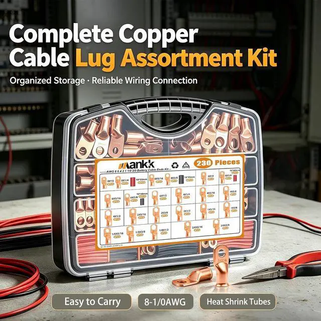 Alt view image 4 of 7 - 230PCS Copper Wire Lugs AWG 1 2 4 6 8 1/0 2/0 Gauge Battery Terminal Connectors Battery Cable Ends Connectors Copper Ring Terminal Kit with 3:1 Heat Shrink Tubing