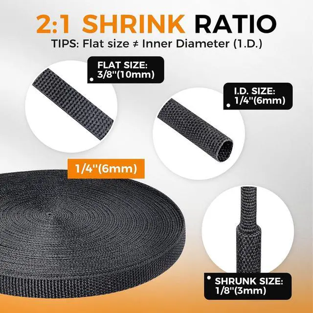 Alt view image 2 of 7 - Black 2:1 Ratio Automotive Heat Shrink Braided Sleeving,Wear-Resistant Flat Woven Shrinkable Sleeve Fabric Car Cable Wires Hoses Protection (1/4"-26ft)