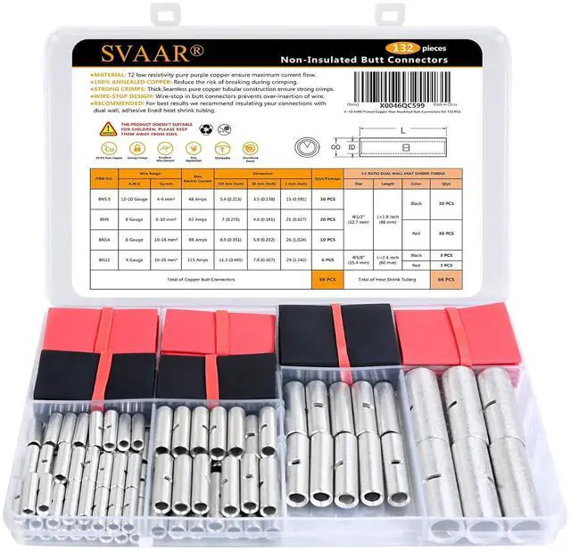 Main image of 132PCS Non-Insulated Butt Connectors Kit 4/6/8/10-12 AWG Tinned Copper Heavy-Duty Crimp Splice Wire Connectors - 66PCS Seamless Barrel Uninsulated Butt Splice Connectors + 66PCS 3:1 Heat Shrink Tubing