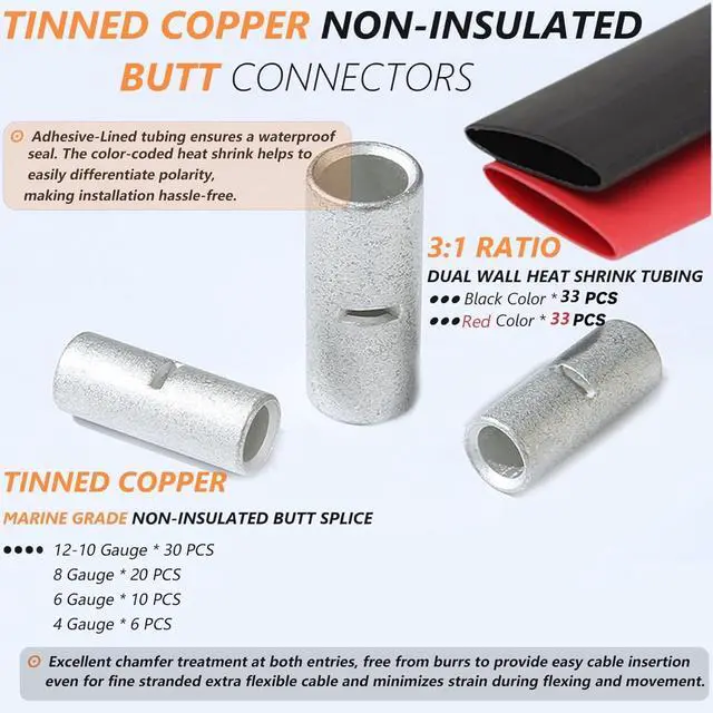 Alt view image 2 of 7 - 132PCS Non-Insulated Butt Connectors Kit 4/6/8/10-12 AWG Tinned Copper Heavy-Duty Crimp Splice Wire Connectors - 66PCS Seamless Barrel Uninsulated Butt Splice Connectors + 66PCS 3:1 Heat Shrink Tubing