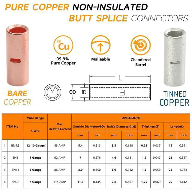 Alt view image 5 of 7 - 132PCS Non-Insulated Butt Connectors Kit 4/6/8/10-12 AWG Tinned Copper Heavy-Duty Crimp Splice Wire Connectors - 66PCS Seamless Barrel Uninsulated Butt Splice Connectors + 66PCS 3:1 Heat Shrink Tubing