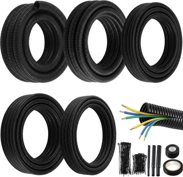 Main image of Automotive Wire Loom Kit, Split PP Corrugated Tubing Assortment with Heat Shrink Tubing, Electrical Tape & Cable Ties,Complete Vehicle Wire & Hose Protection, for Car, Truck, Trailer, RV, UTV