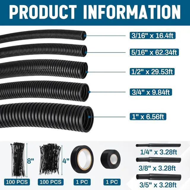 Alt view image 2 of 6 - Automotive Wire Loom Kit, Split PP Corrugated Tubing Assortment with Heat Shrink Tubing, Electrical Tape & Cable Ties,Complete Vehicle Wire & Hose Protection, for Car, Truck, Trailer, RV, UTV