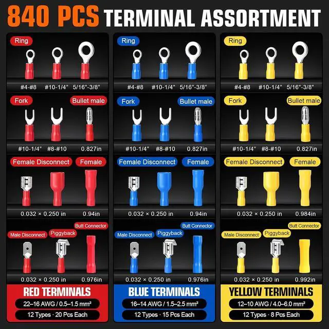 Alt view image 3 of 7 - 1242PCS Wire Terminal Crimping Tool Kit, 840PCS Insulated Connectors, 400PCS Heat Shrink Tubing, Ratcheting Crimper, Wire Stripper Cutter, 22-10 AWG