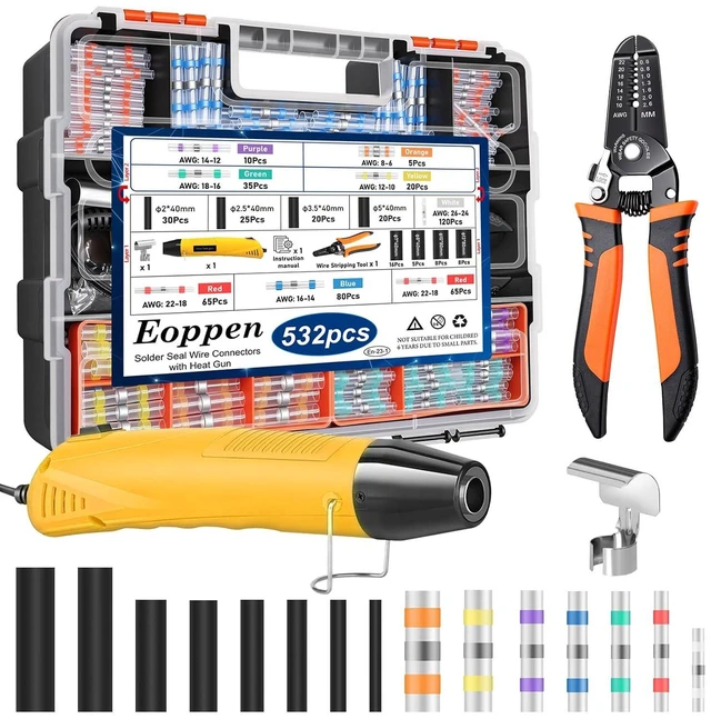 Main image of 532Pcs Heat Shrink Tubing & Solder Seal Wire Connector Kit, 26-6 AWG Waterproof Connectors with Mini Heat Gun for Marine Electrical