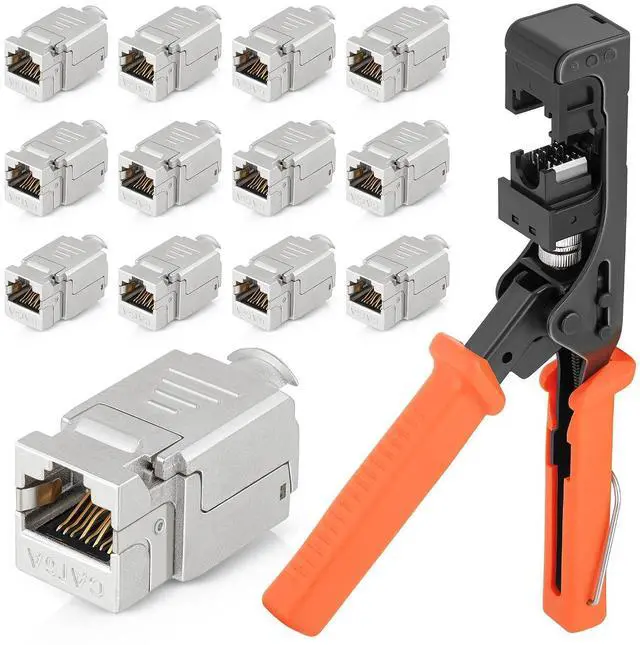 Main image of easySHIELD (CAT6A Kit) - Speed Termination Tool, with 12 Slim Profile, 90-Degree RJ45 Shielded Keystone Jacks - F/STP Punch Down Crimper - Tested for CAT5e, CAT6, CAT6A, CAT7