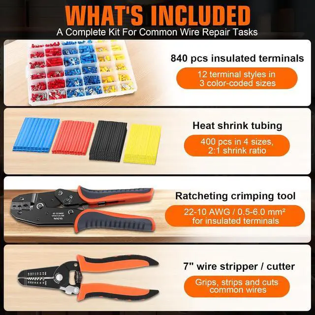 Alt view image 2 of 7 - 1242PCS Wire Terminal Crimping Tool Kit, 840PCS Insulated Connectors, 400PCS Heat Shrink Tubing, Ratcheting Crimper, Wire Stripper Cutter, 22-10 AWG
