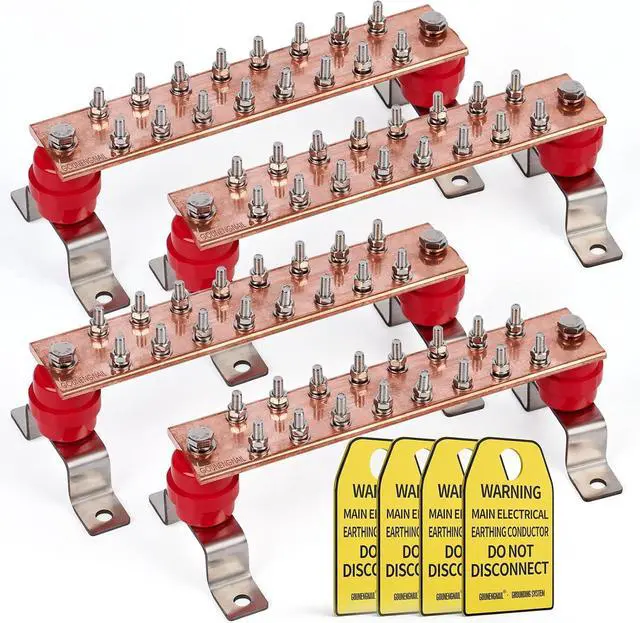 Main image of 4 Pack -Thick .25" x 2" x 10" Copper Ground Bar Kit, with 1/4'' x 16 Terminal Positions, Grounding Busbar Bar with UL Recognized SM40 Insulators Rated Uimp up to 7.2KV (4pack)