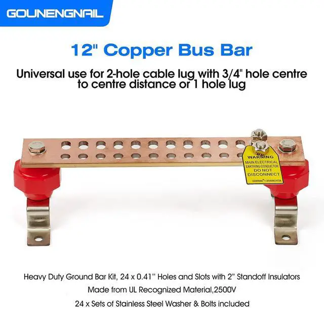 Alt view image 2 of 7 - 12" Heavy-Duty Copper Ground Bar Kit,Grounding Bus Bar,with 24 x 0.41 Holes & Slots and 2 x 2 Standoff Insulators Made from UL Recognized Material,2500V