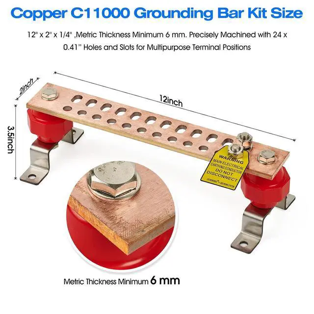 Alt view image 3 of 7 - 12" Heavy-Duty Copper Ground Bar Kit,Grounding Bus Bar,with 24 x 0.41 Holes & Slots and 2 x 2 Standoff Insulators Made from UL Recognized Material,2500V