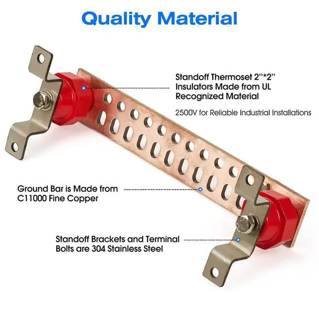 Alt view image 4 of 7 - 12" Heavy-Duty Copper Ground Bar Kit,Grounding Bus Bar,with 24 x 0.41 Holes & Slots and 2 x 2 Standoff Insulators Made from UL Recognized Material,2500V