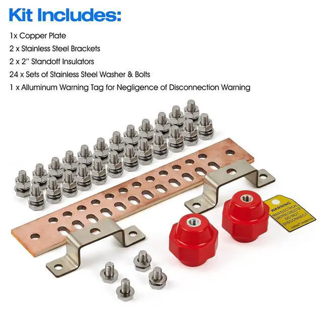 Alt view image 6 of 7 - 12" Heavy-Duty Copper Ground Bar Kit,Grounding Bus Bar,with 24 x 0.41 Holes & Slots and 2 x 2 Standoff Insulators Made from UL Recognized Material,2500V