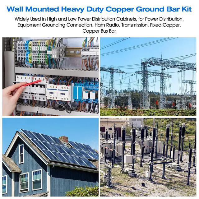 Alt view image 7 of 7 - 12" Heavy-Duty Copper Ground Bar Kit,Grounding Bus Bar,with 24 x 0.41 Holes & Slots and 2 x 2 Standoff Insulators Made from UL Recognized Material,2500V