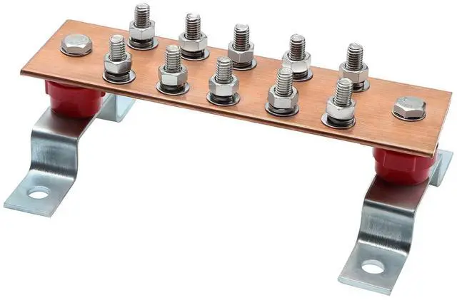 Main image of Wall Mounted Copper Grounding Bar Kit, Copper Bus Bar 0.16"x 2.36"x 7.8" Ground Bus Bar with 10 Terminal Positions, UL Recognized SM40 Insulators Rated Uimp up to 6KV