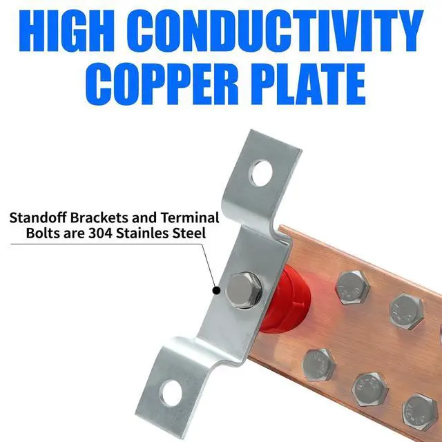 Alt view image 2 of 7 - Wall Mounted Copper Grounding Bar Kit, Copper Bus Bar 0.16"x 2.36"x 7.8" Ground Bus Bar with 10 Terminal Positions, UL Recognized SM40 Insulators Rated Uimp up to 6KV