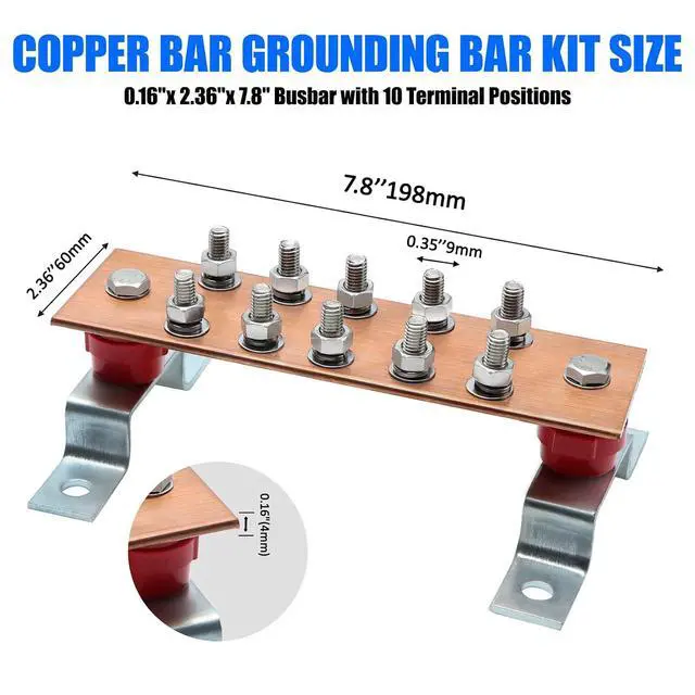 Alt view image 3 of 7 - Wall Mounted Copper Grounding Bar Kit, Copper Bus Bar 0.16"x 2.36"x 7.8" Ground Bus Bar with 10 Terminal Positions, UL Recognized SM40 Insulators Rated Uimp up to 6KV