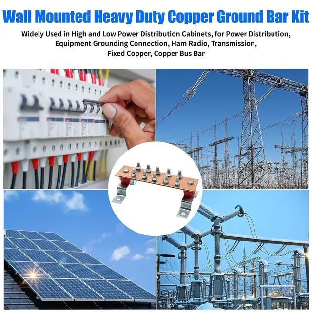 Alt view image 7 of 7 - Wall Mounted Copper Grounding Bar Kit, Copper Bus Bar 0.16"x 2.36"x 7.8" Ground Bus Bar with 10 Terminal Positions, UL Recognized SM40 Insulators Rated Uimp up to 6KV