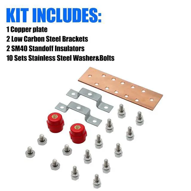 Alt view image 6 of 7 - Wall Mounted Copper Grounding Bar Kit, Copper Bus Bar 0.16"x 2.36"x 7.8" Ground Bus Bar with 10 Terminal Positions, UL Recognized SM40 Insulators Rated Uimp up to 6KV