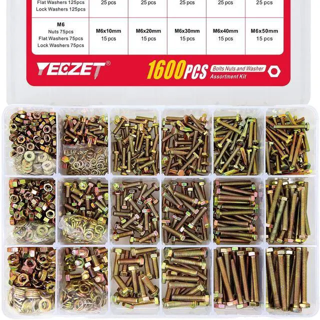 Main image of 1600PCS M4 M5 M6 Grade 8.8 Heavy Duty Bolts and Nuts Flat & Lock Washers Assortment Kit Includes 15 Most Common Sizes