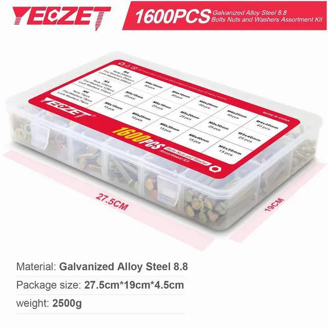 Alt view image 2 of 7 - 1600PCS M4 M5 M6 Grade 8.8 Heavy Duty Bolts and Nuts Flat & Lock Washers Assortment Kit Includes 15 Most Common Sizes