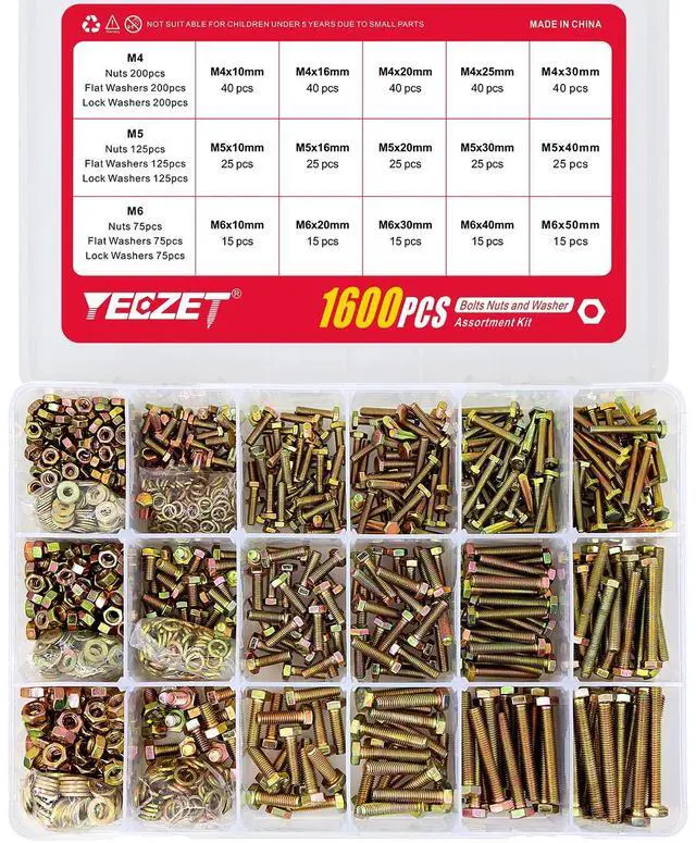 Alt view image 3 of 7 - 1600PCS M4 M5 M6 Grade 8.8 Heavy Duty Bolts and Nuts Flat & Lock Washers Assortment Kit Includes 15 Most Common Sizes